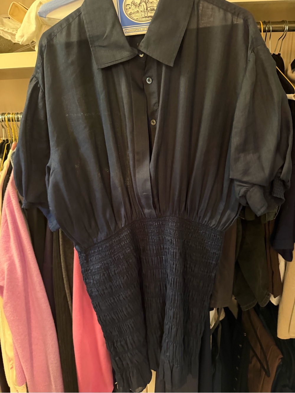 Frame Denim Navy Button-Front Smocked-Waist Short Sleeve Shirt Dress